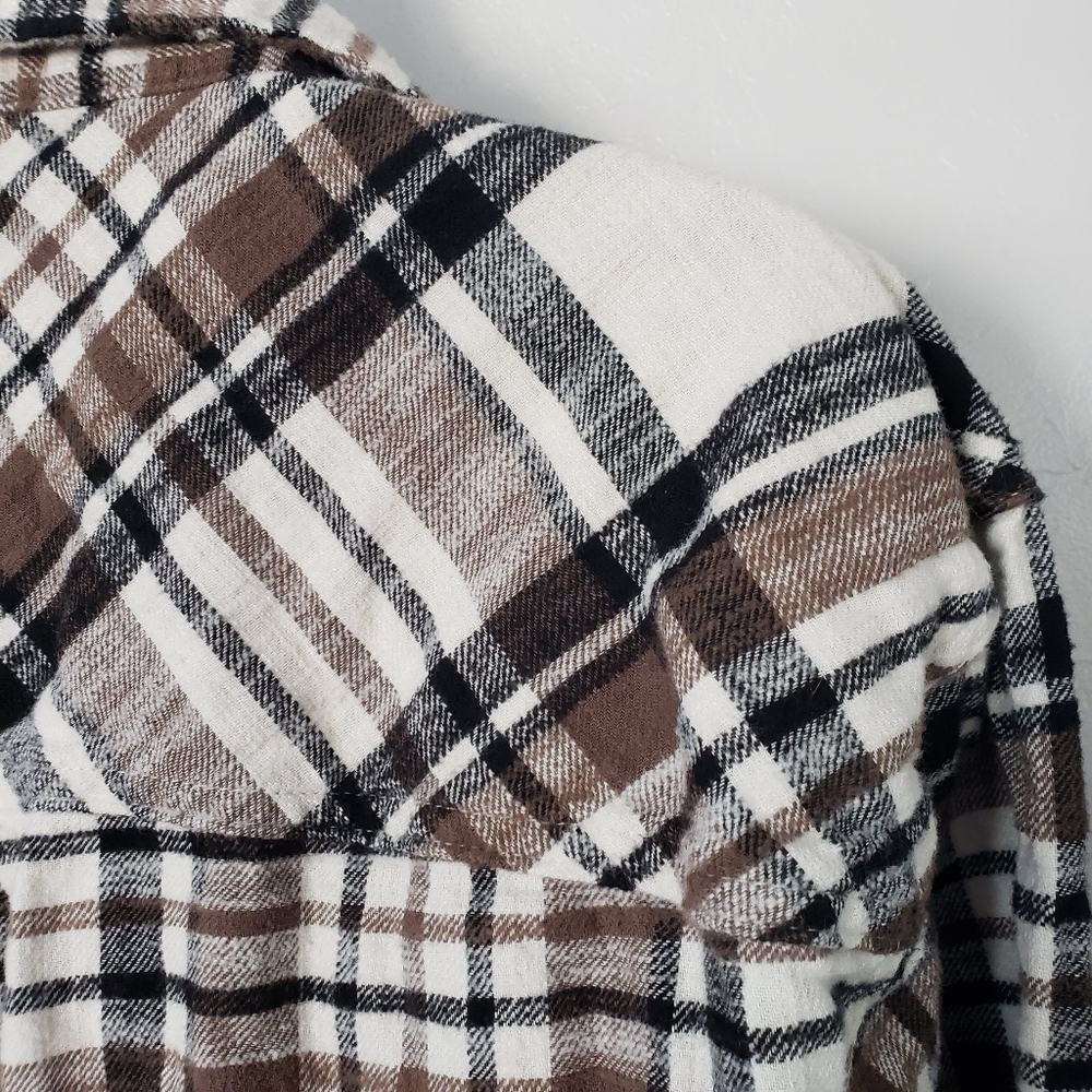 Maurices XS Brown Black Ivory Plaid Button Up Flannel Shirt Long Sleeve Shacket - Picture 5 of 8
